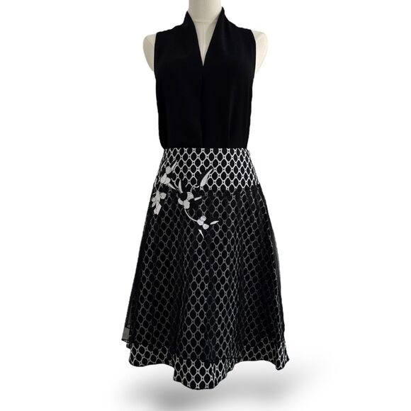 For the Republic Flared Wool/Tuille Skirt Black/White Wm Sz 6 NWT Unique Embroid - Picture 1 of 9